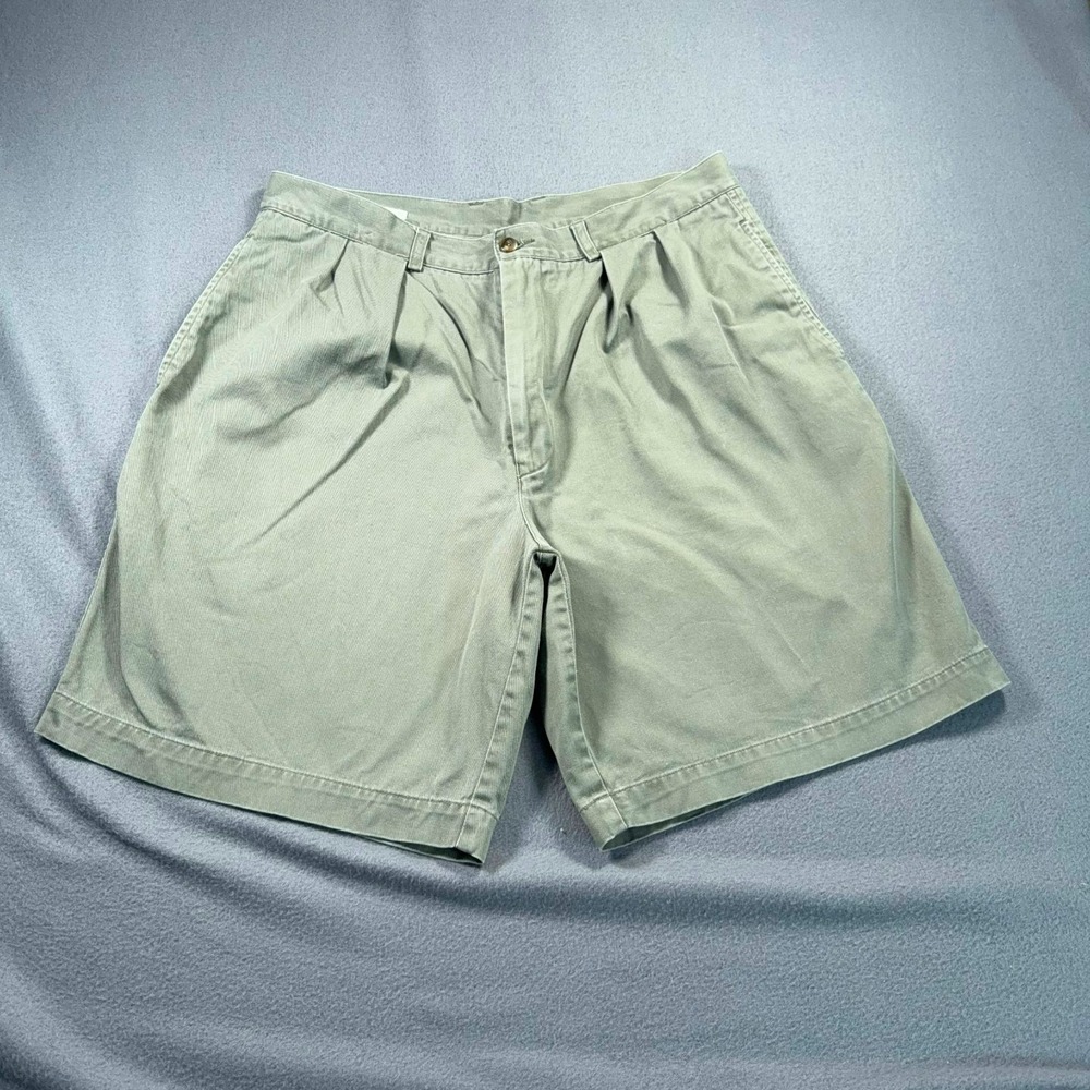 Perry Ellis Mens 36 Olive Green Pleated Chino Shorts Cotton 34x8.5